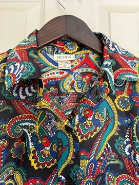 NICOLA Black Paisley Button-Down Shirt with Red, Green, Blue & Yellow Accents